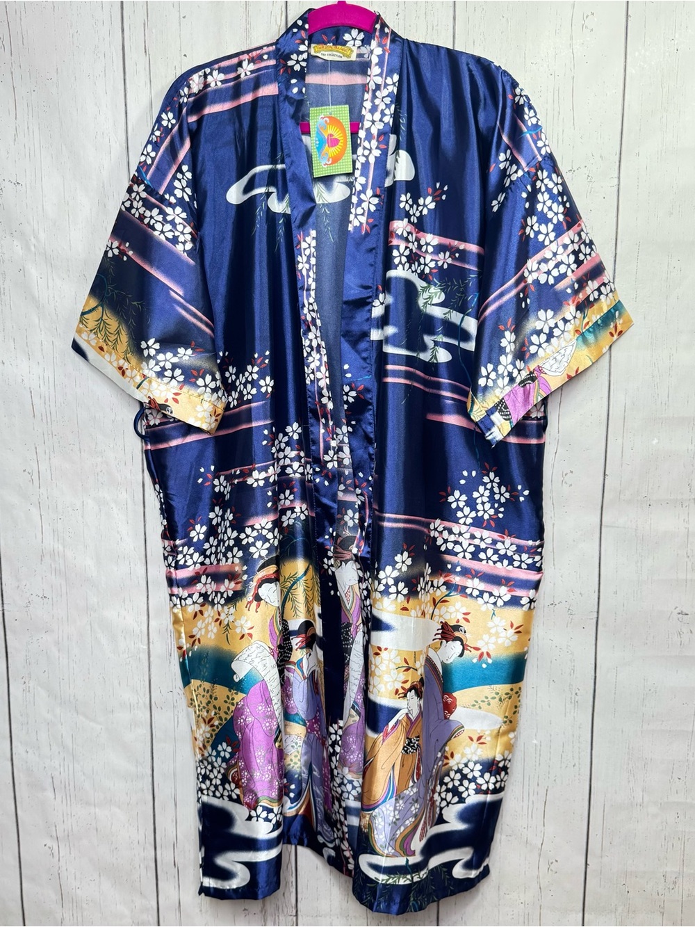Oriental Village Silk Collection Blue Geisha Floral Print Kimono Robe One Size